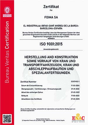 Zertifizierung nach FOIMA, S.A., ISO-Norm 9001:2015