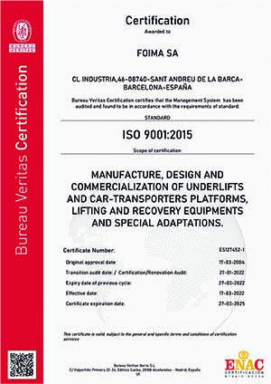 Certification awared to FOIMA, S. A., by Standard ISO 9001:2015